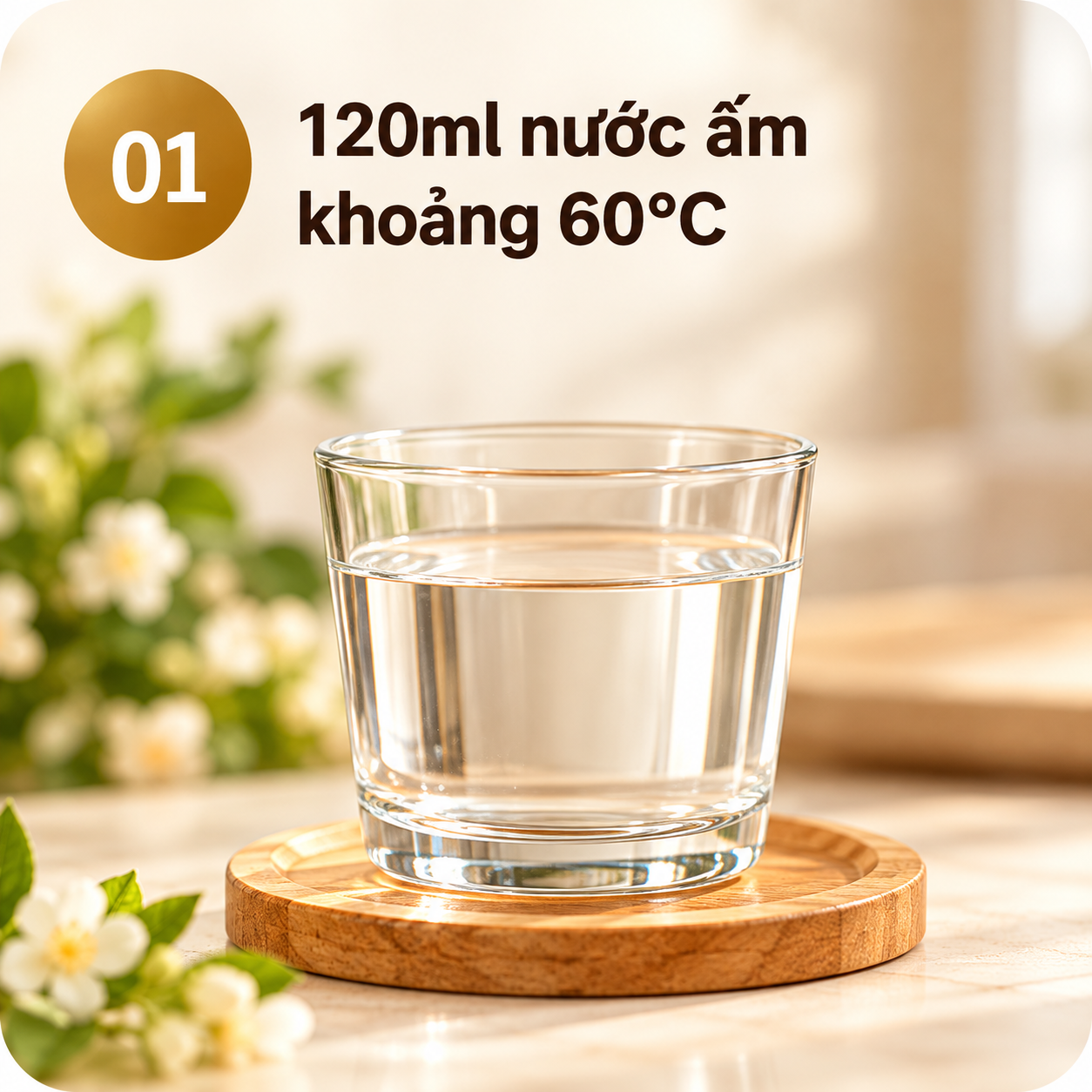 Bước 1: Chuẩn bị 120ml nước ấm khoảng 60°C